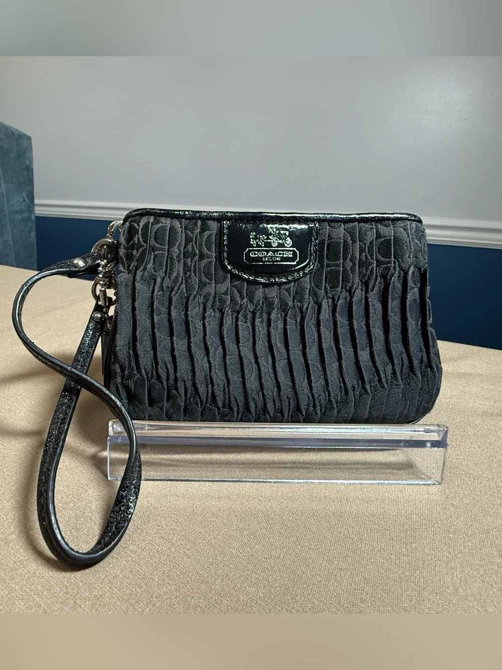 Coach Black Gathered Fabric Small Wristlet with Patent Trim